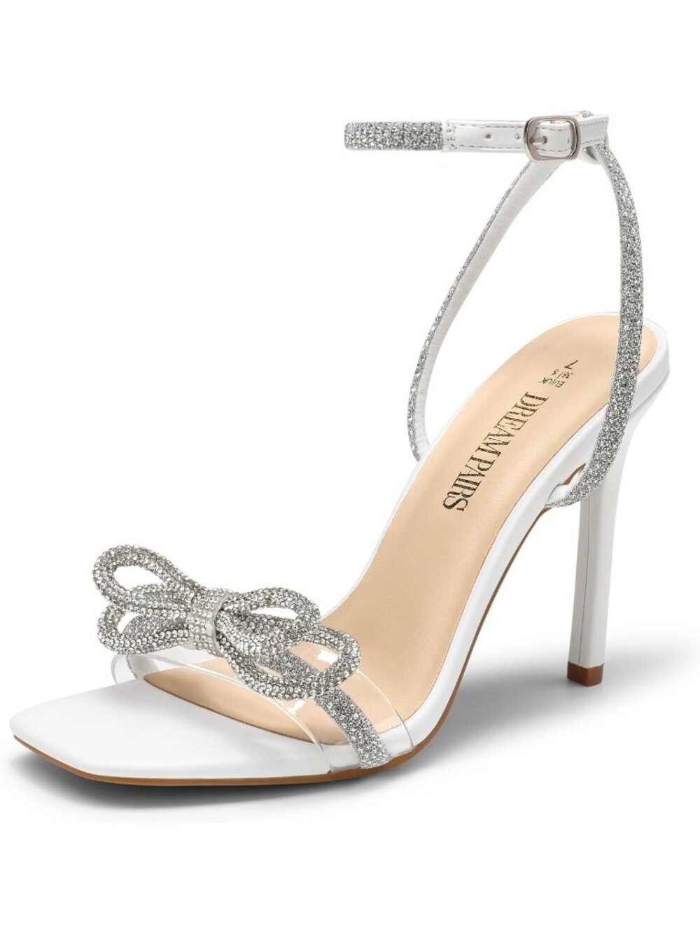 Women's White Double Bowknots Rhinestone Bow Slingback Square Toe Heeled Sandals